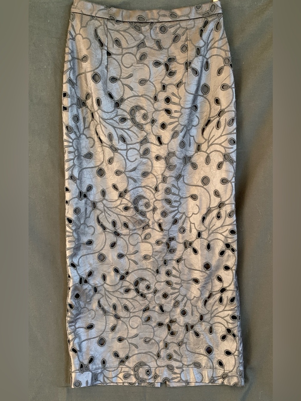 BCBGMAXAZRIA Black Faux Leather Floral Cut- Out Pencil Skirt - waist 24.5”-25”